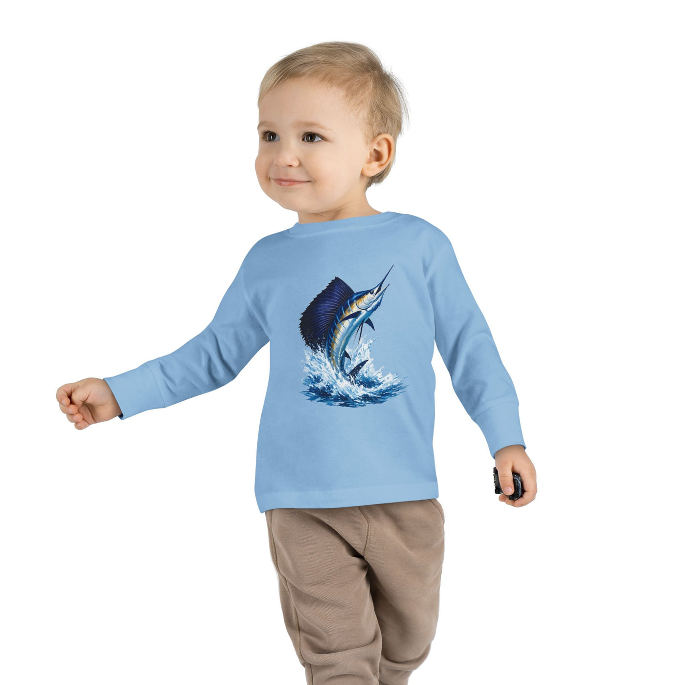 Toddler Long Sleeve Tee — Blue Marlin Jumping Graphic Kids Shirt (Fishing, Ocean, Nautical)