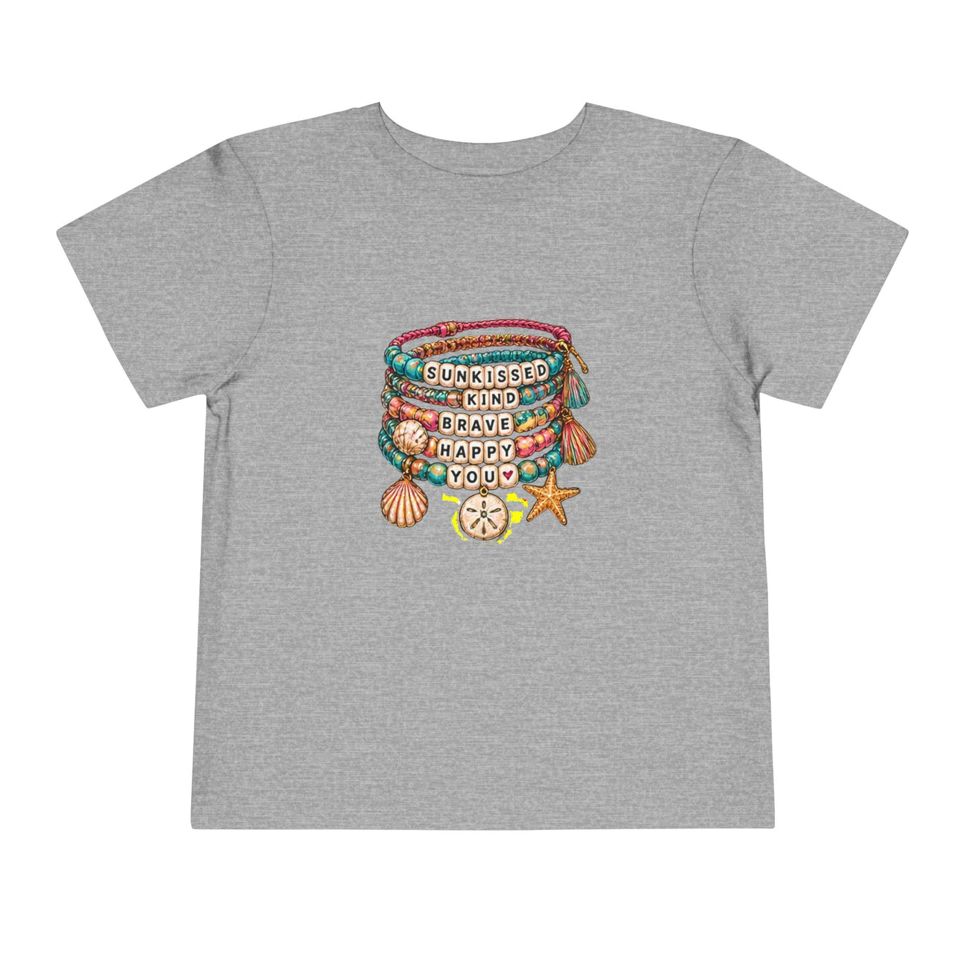 Toddler Tee — 'Sunkissed, Kind, Brave, Happy' Seashell Bracelet Graphic