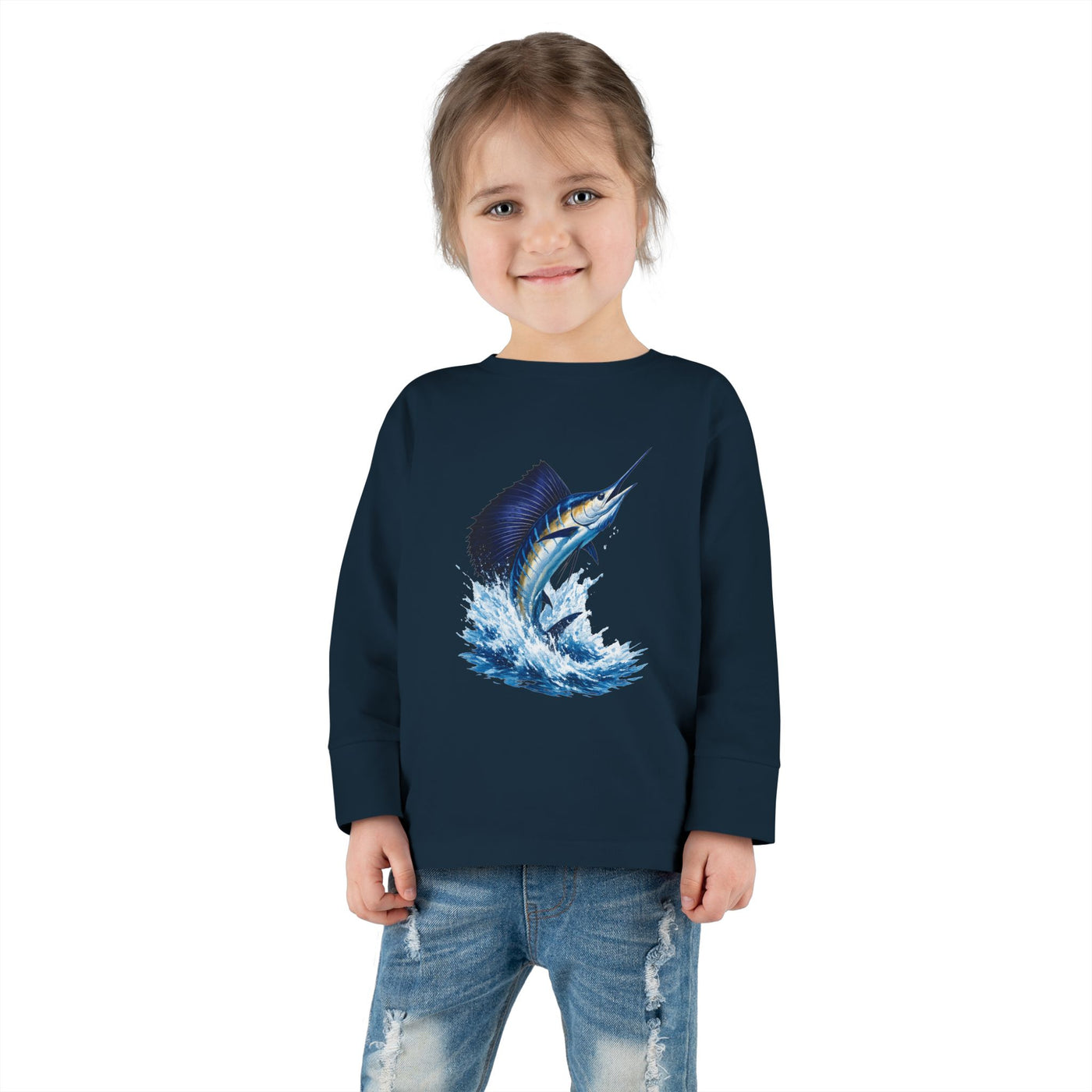 Toddler Long Sleeve Tee — Blue Marlin Jumping Graphic Kids Shirt (Fishing, Ocean, Nautical)