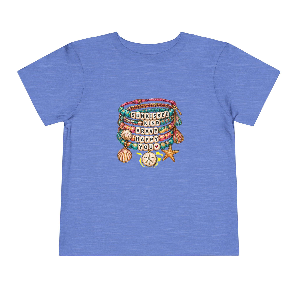 Toddler Tee — 'Sunkissed, Kind, Brave, Happy' Seashell Bracelet Graphic