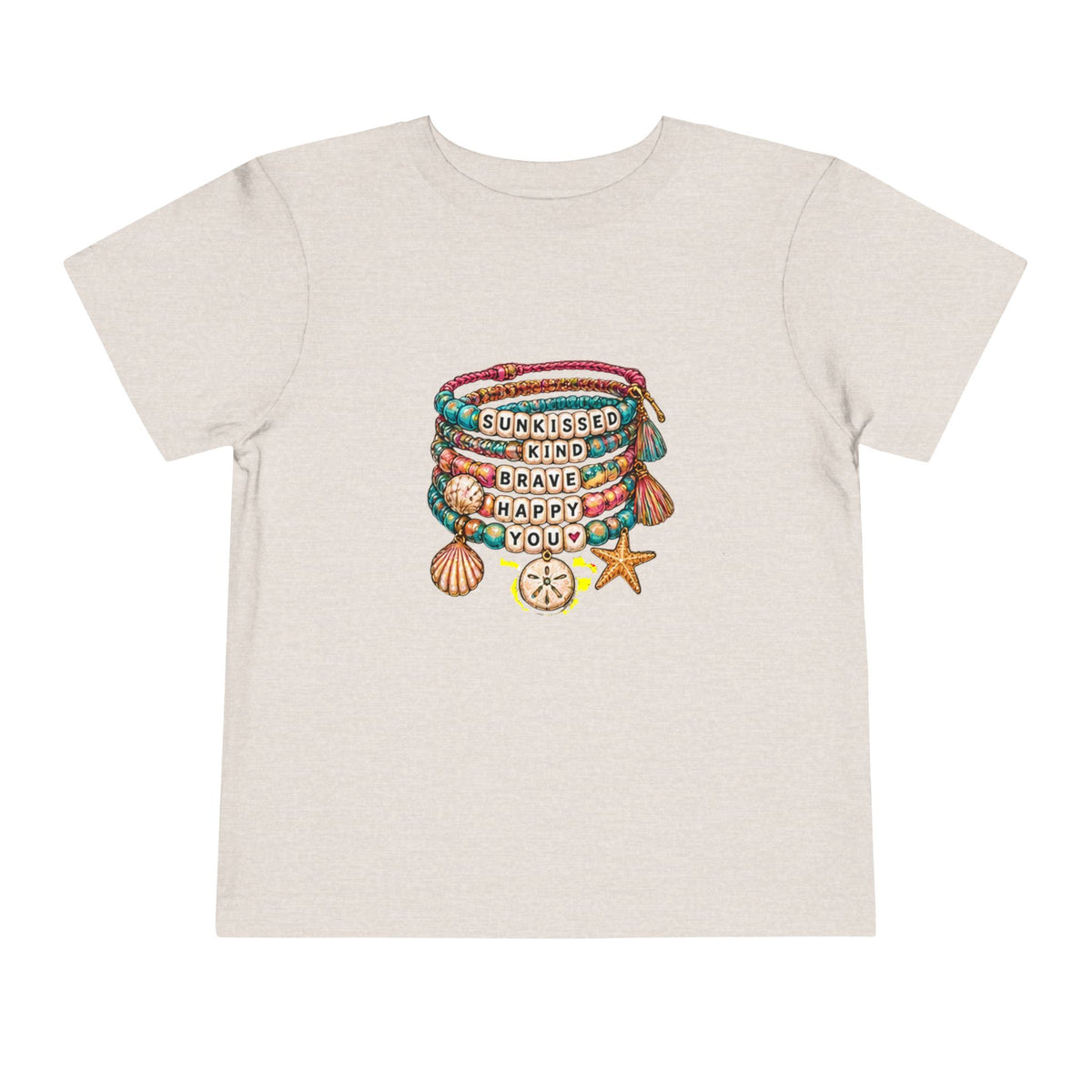 Toddler Tee — 'Sunkissed, Kind, Brave, Happy' Seashell Bracelet Graphic