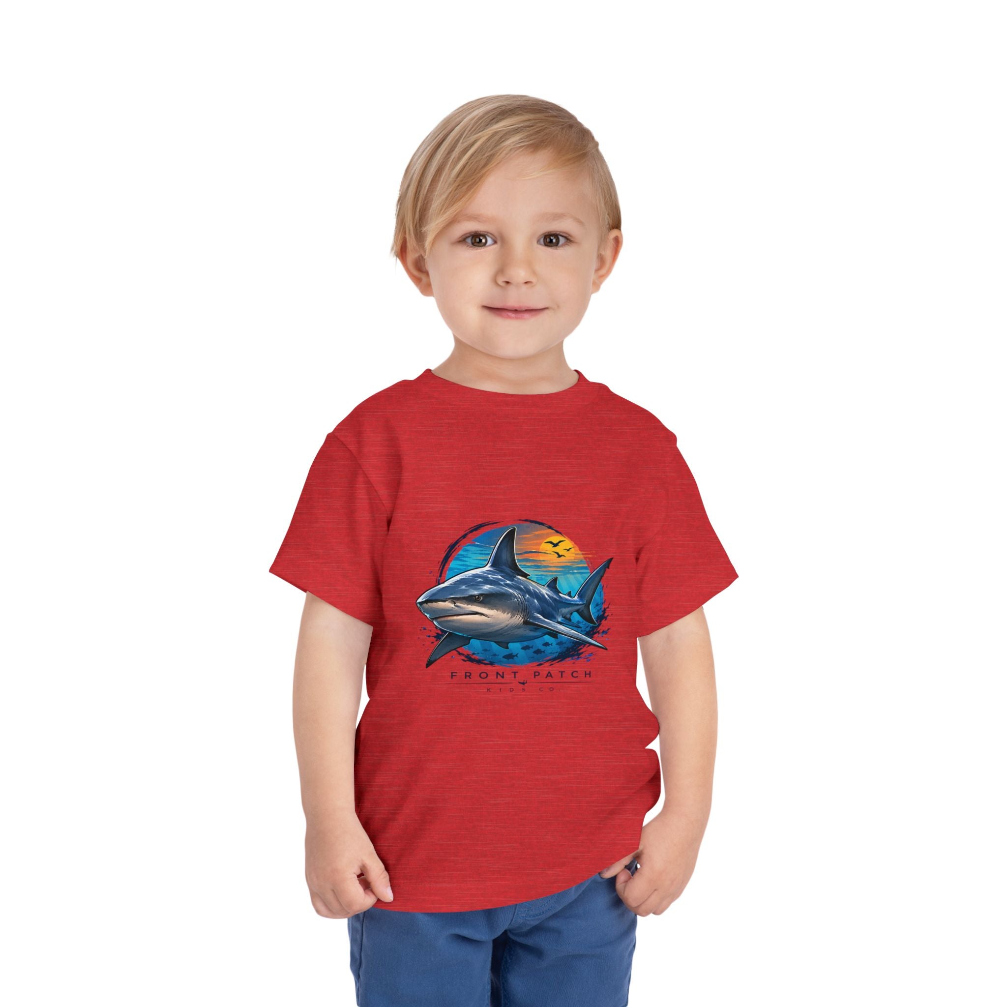 Toddler Tee — 'Front Patch' Surf Shark Graphic Sunset Kids Shirt