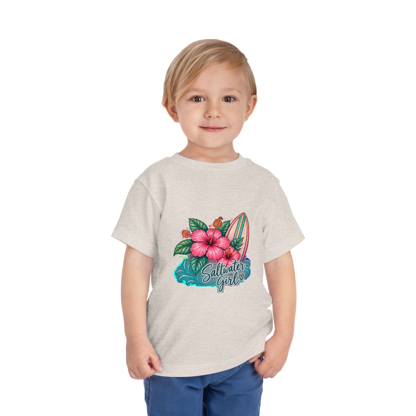 Toddler Tee — "Saltwater Girl" Surf & Hibiscus Beach Graphic