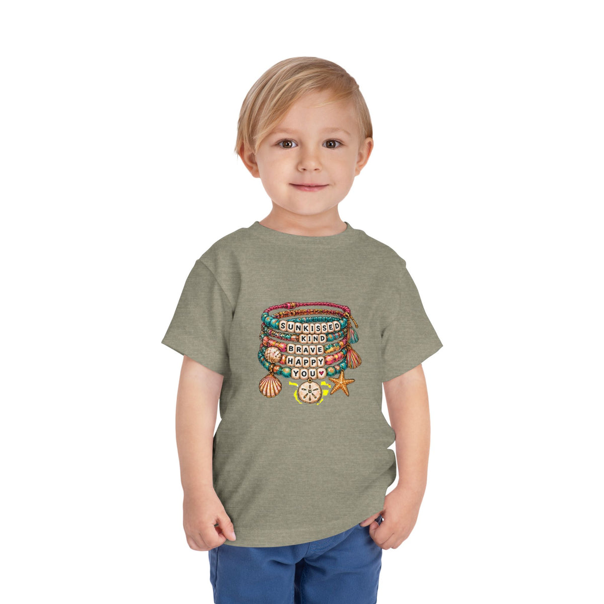 Toddler Tee — 'Sunkissed, Kind, Brave, Happy' Seashell Bracelet Graphic