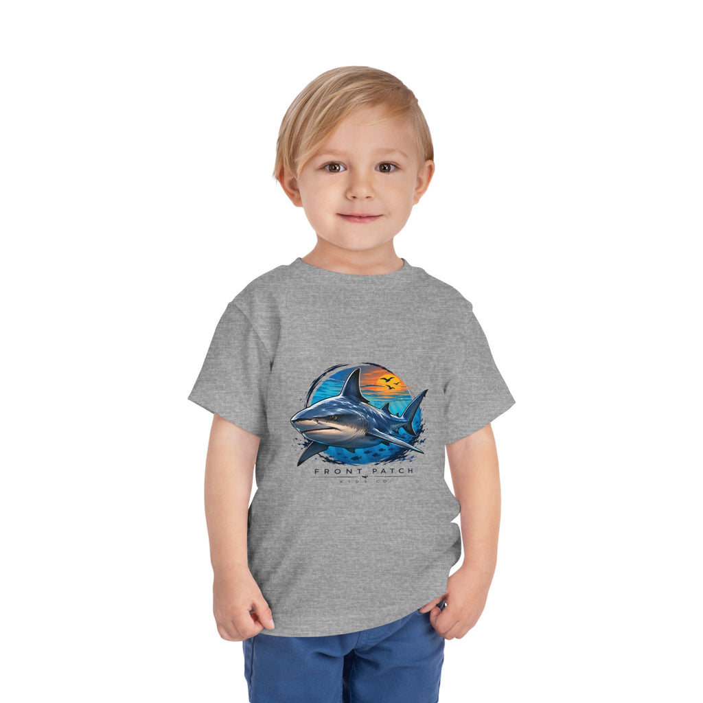 Toddler Tee — 'Front Patch' Surf Shark Graphic Sunset Kids Shirt