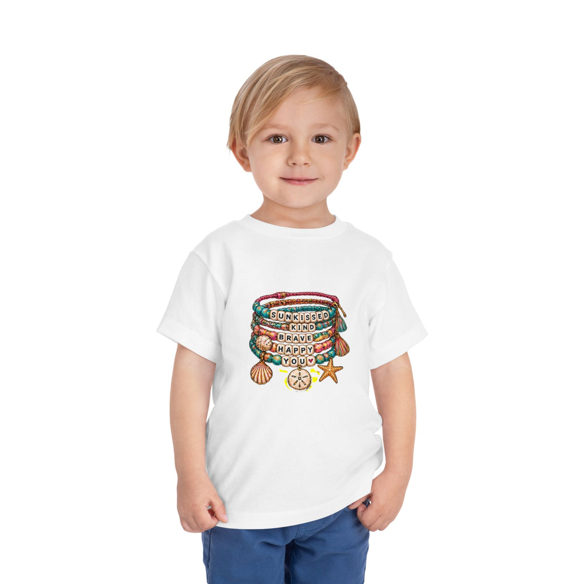 Toddler Tee — 'Sunkissed, Kind, Brave, Happy' Seashell Bracelet Graphic