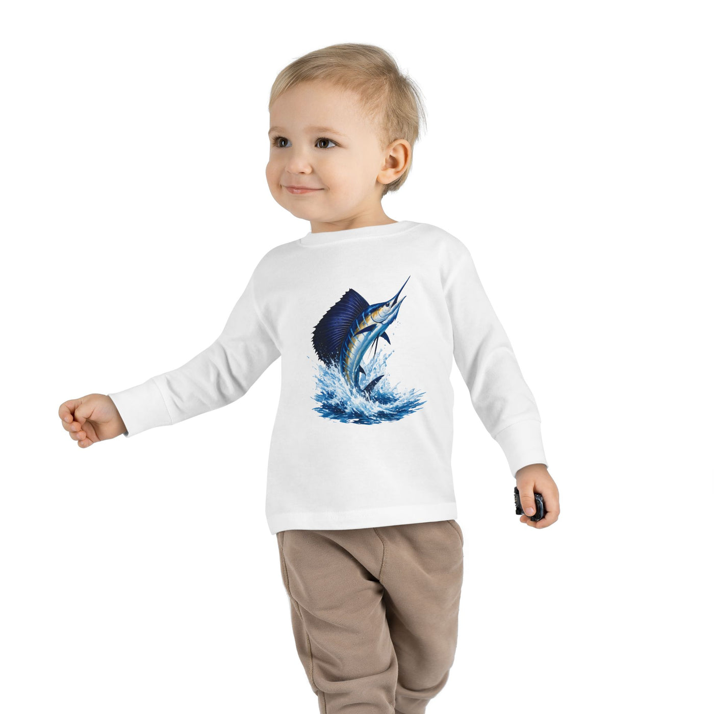 Toddler Long Sleeve Tee — Blue Marlin Jumping Graphic Kids Shirt (Fishing, Ocean, Nautical)