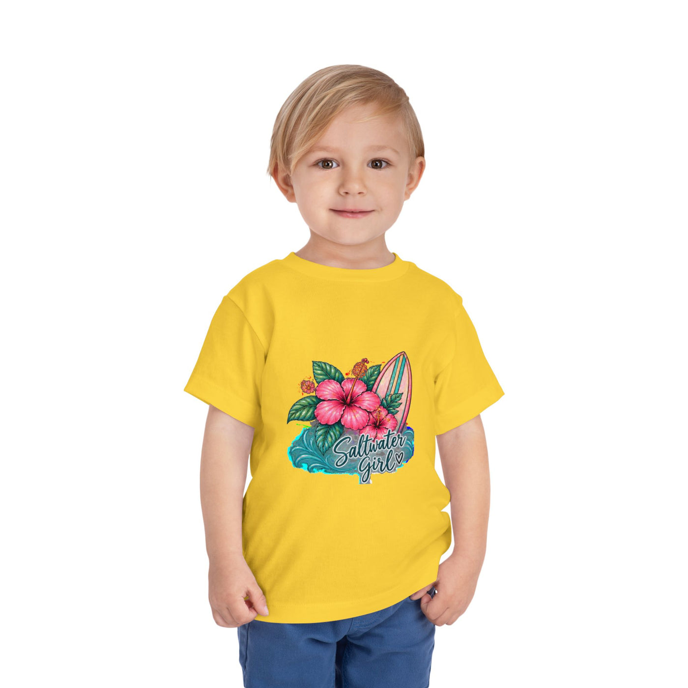 Toddler Tee — "Saltwater Girl" Surf & Hibiscus Beach Graphic