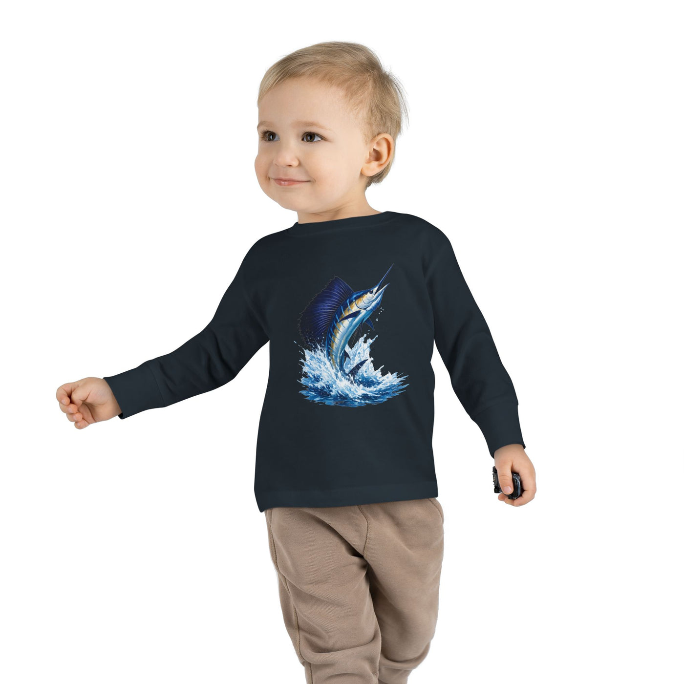 Toddler Long Sleeve Tee — Blue Marlin Jumping Graphic Kids Shirt (Fishing, Ocean, Nautical)