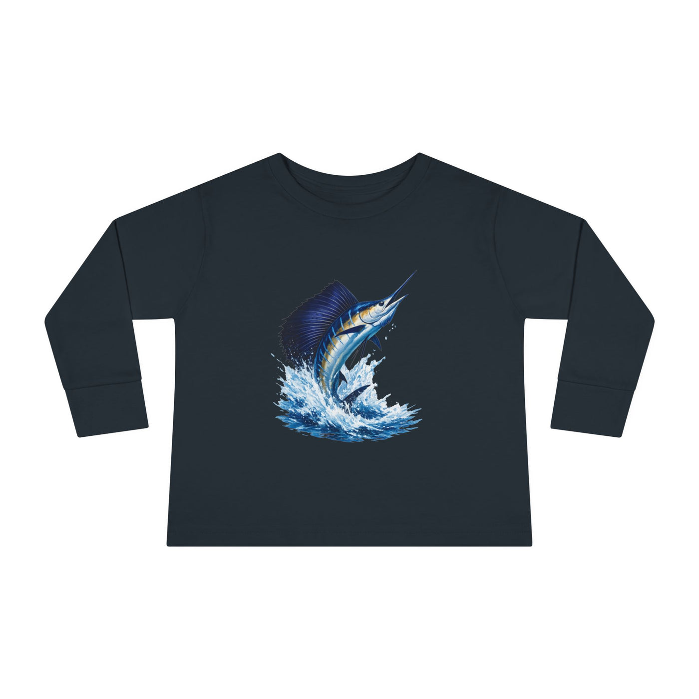 Toddler Long Sleeve Tee — Blue Marlin Jumping Graphic Kids Shirt (Fishing, Ocean, Nautical)