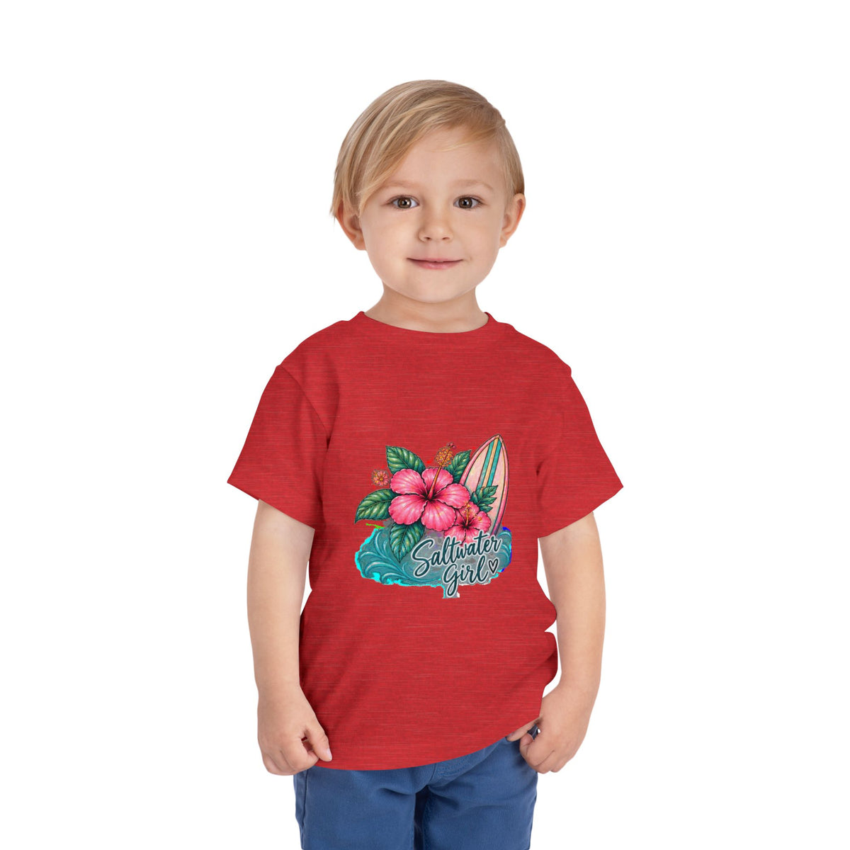 Toddler Tee — "Saltwater Girl" Surf & Hibiscus Beach Graphic
