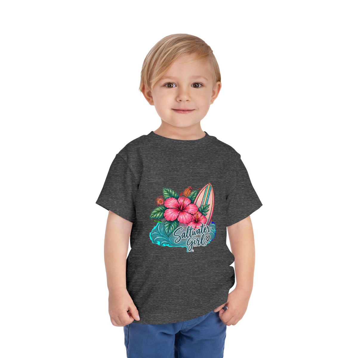 Toddler Tee — "Saltwater Girl" Surf & Hibiscus Beach Graphic