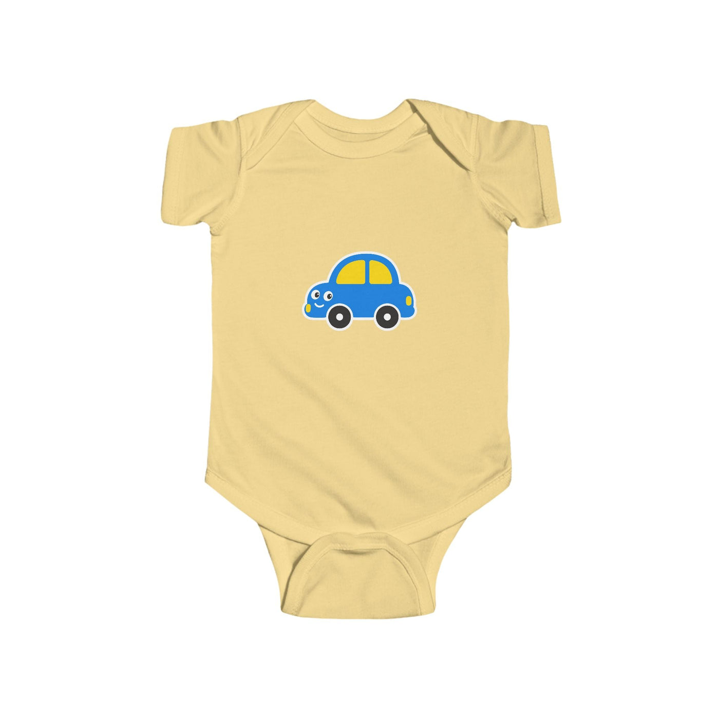 Baby Car Bodysuit – Cute Blue & Yellow Car Infant Onesie - Front Patch Kids Co.