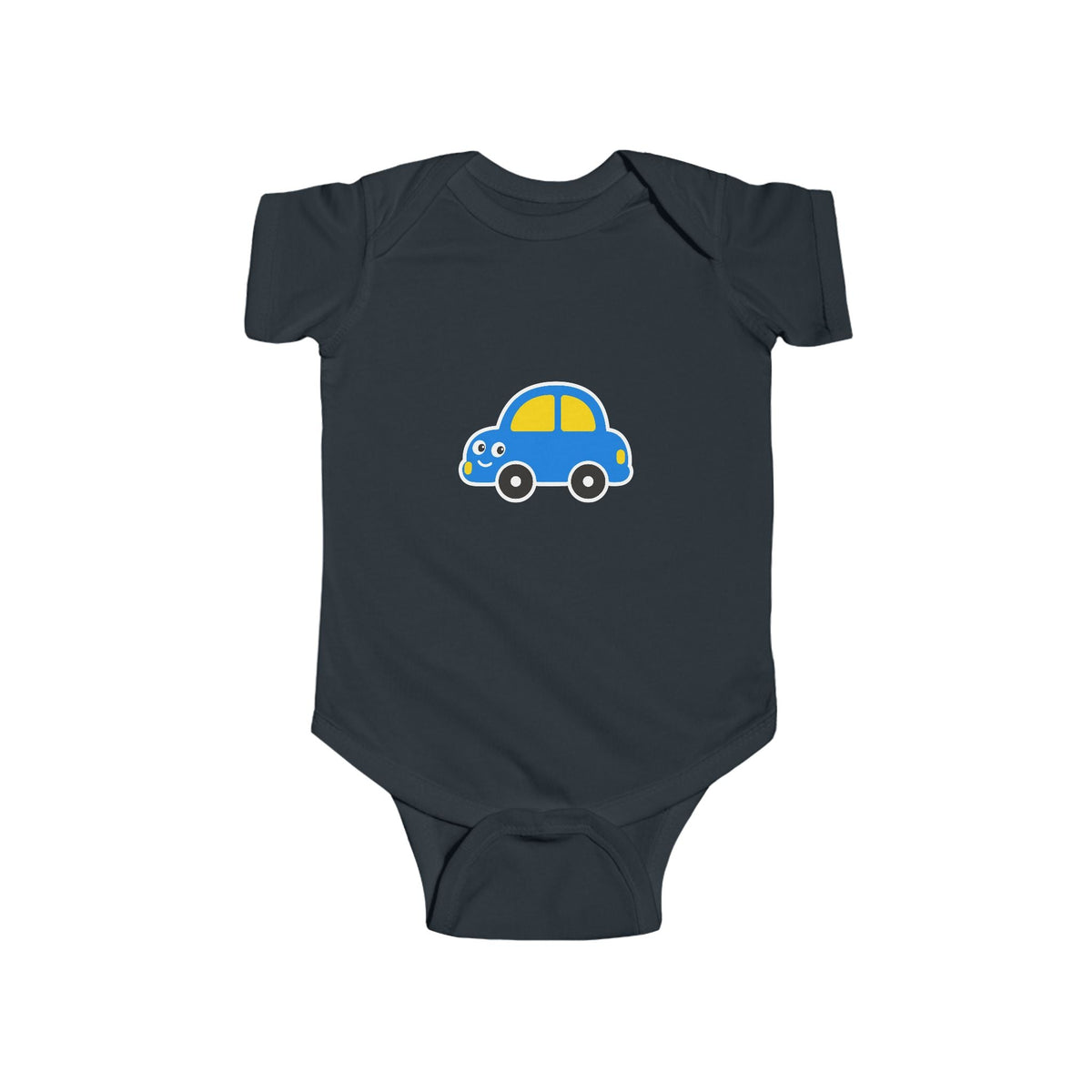 Baby Car Bodysuit – Cute Blue & Yellow Car Infant Onesie - Front Patch Kids Co.