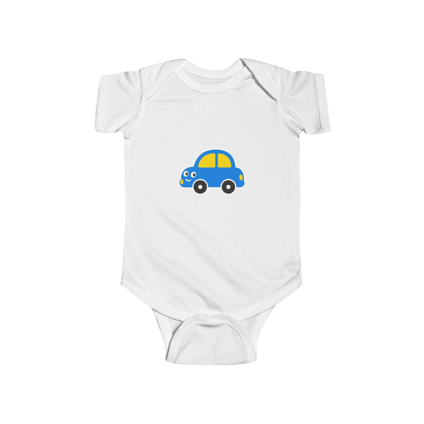 Baby Car Bodysuit – Cute Blue & Yellow Car Infant Onesie - Front Patch Kids Co.