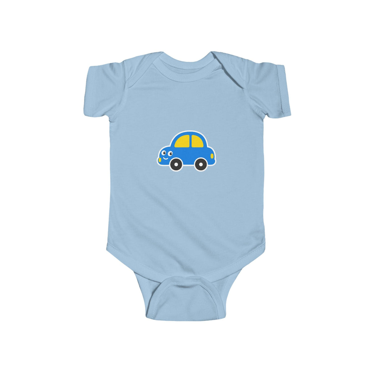 Baby Car Bodysuit – Cute Blue & Yellow Car Infant Onesie - Front Patch Kids Co.
