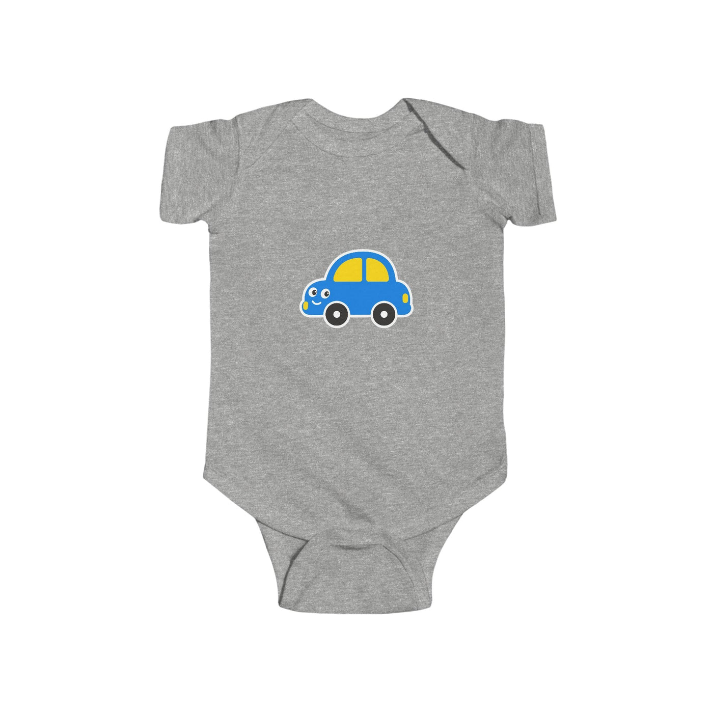 Baby Car Bodysuit – Cute Blue & Yellow Car Infant Onesie - Front Patch Kids Co.