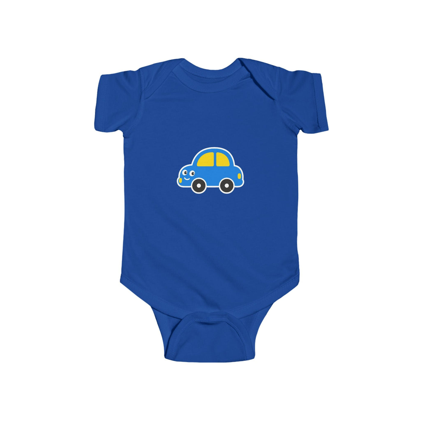 Baby Car Bodysuit – Cute Blue & Yellow Car Infant Onesie - Front Patch Kids Co.