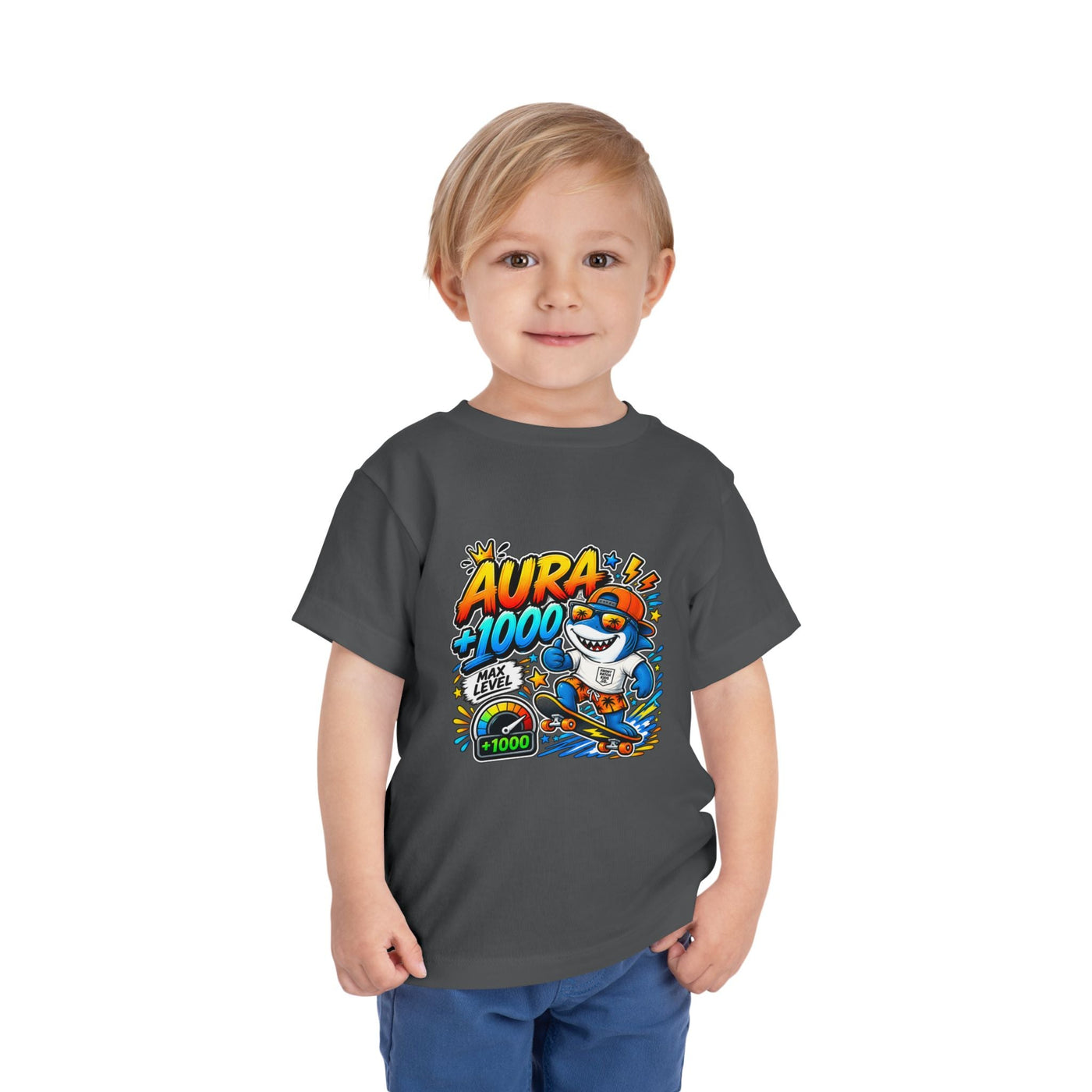 Toddler Tee — 'Aura +1000' Skateboard Shark Graphic Shirt - Front Patch Kids Co.