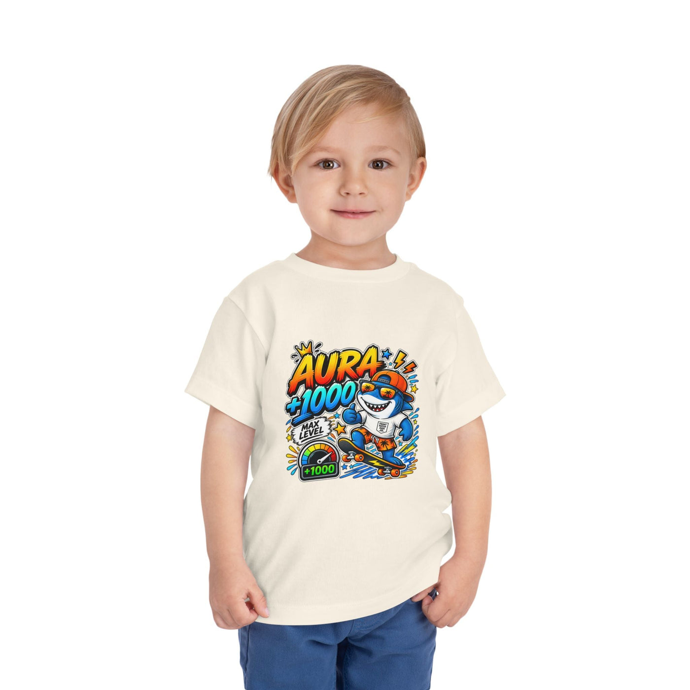 Toddler Tee — 'Aura +1000' Skateboard Shark Graphic Shirt - Front Patch Kids Co.