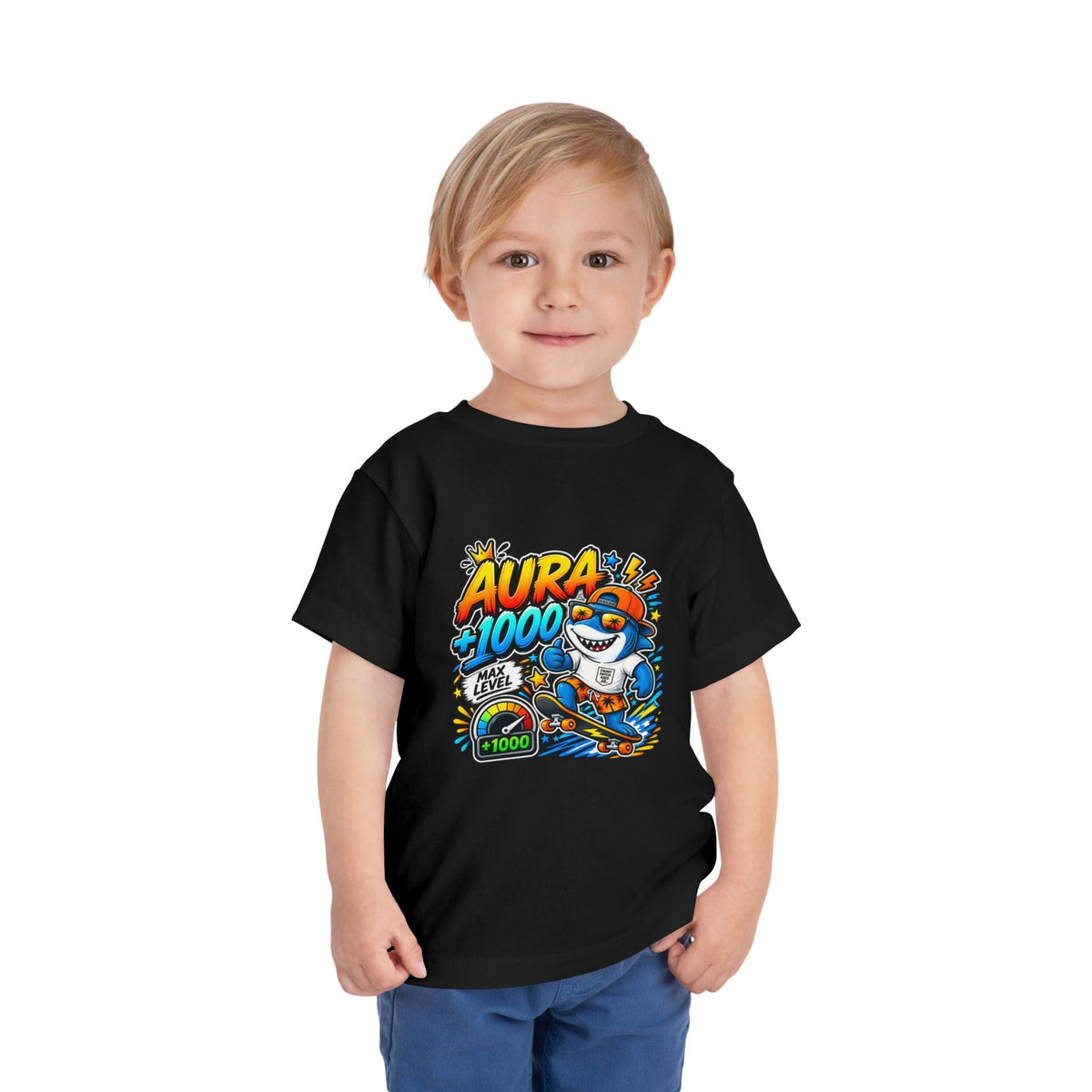Toddler Tee — 'Aura +1000' Skateboard Shark Graphic Shirt - Front Patch Kids Co.