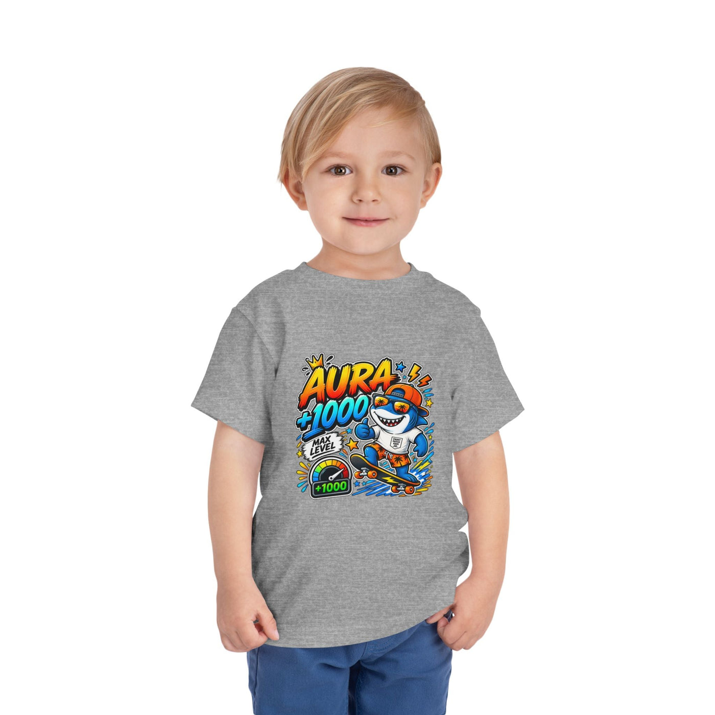 Toddler Tee — 'Aura +1000' Skateboard Shark Graphic Shirt - Front Patch Kids Co.