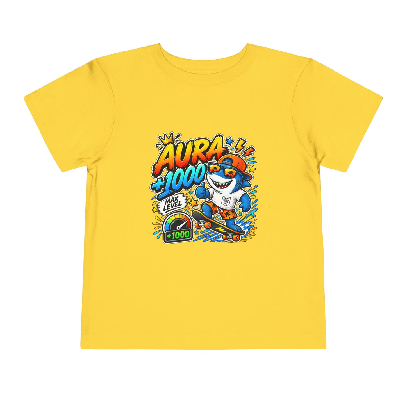 Toddler Tee — 'Aura +1000' Skateboard Shark Graphic Shirt - Front Patch Kids Co.