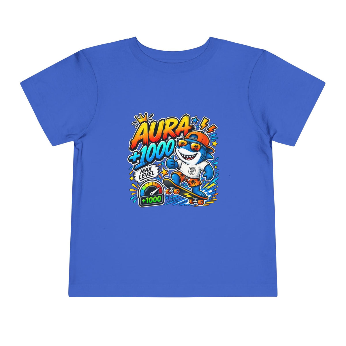 Toddler Tee — 'Aura +1000' Skateboard Shark Graphic Shirt - Front Patch Kids Co.