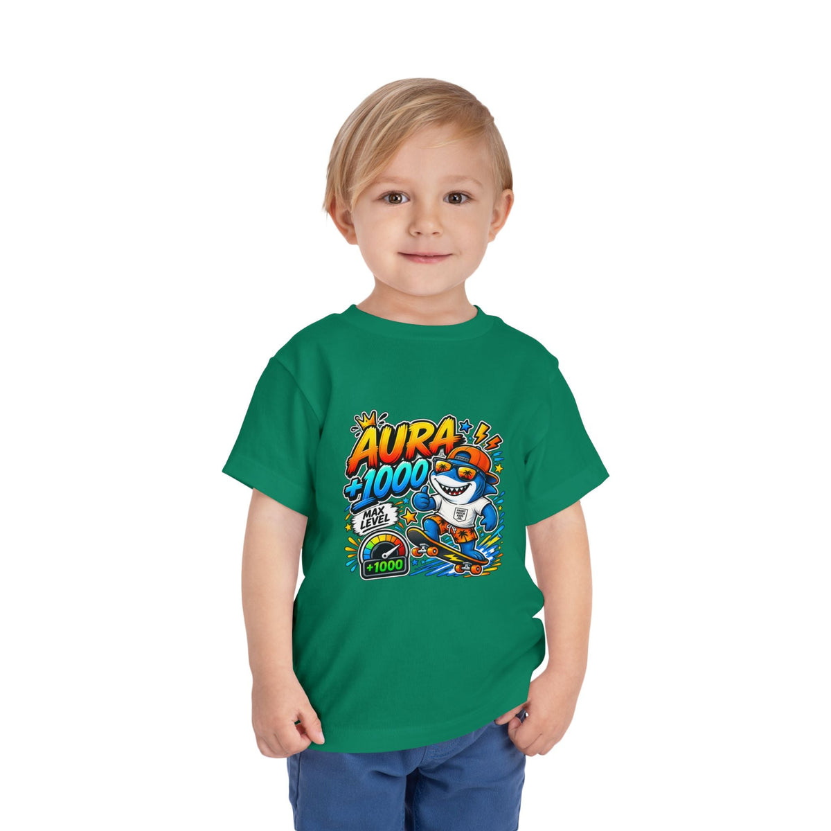 Toddler Tee — 'Aura +1000' Skateboard Shark Graphic Shirt - Front Patch Kids Co.
