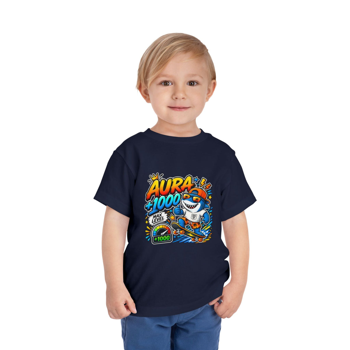 Toddler Tee — 'Aura +1000' Skateboard Shark Graphic Shirt - Front Patch Kids Co.