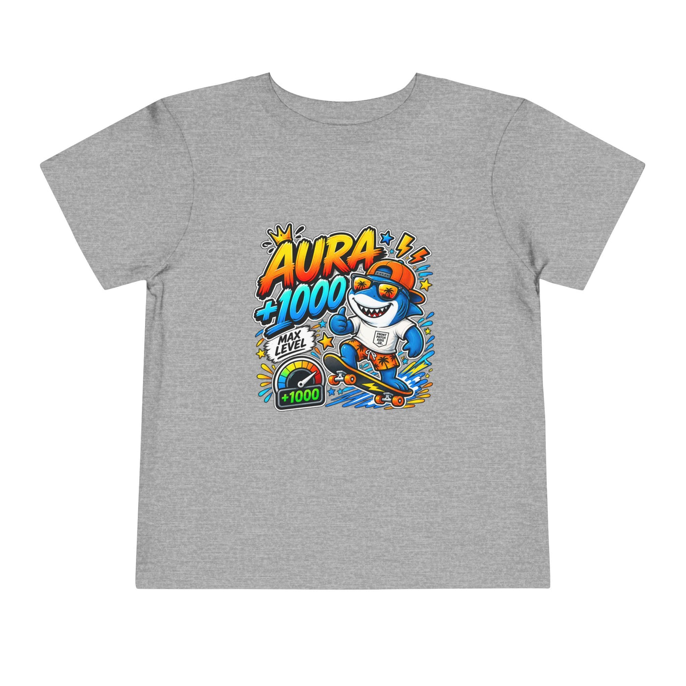 Toddler Tee — 'Aura +1000' Skateboard Shark Graphic Shirt - Front Patch Kids Co.
