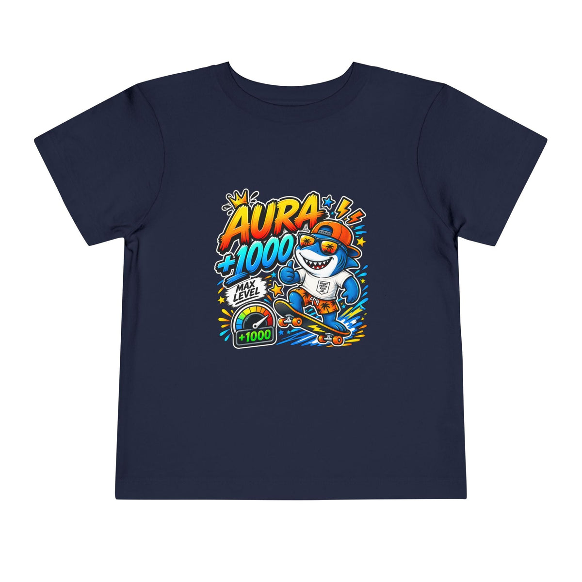 Toddler Tee — 'Aura +1000' Skateboard Shark Graphic Shirt - Front Patch Kids Co.
