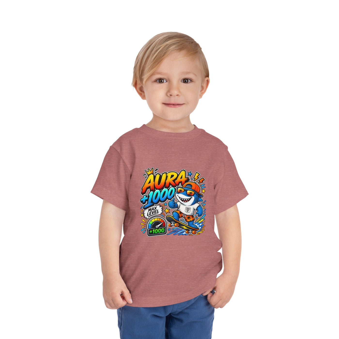 Toddler Tee — 'Aura +1000' Skateboard Shark Graphic Shirt - Front Patch Kids Co.