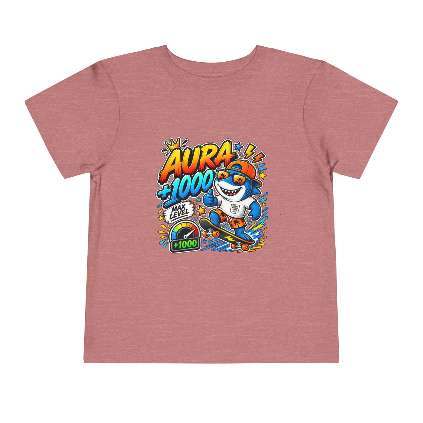 Toddler Tee — 'Aura +1000' Skateboard Shark Graphic Shirt - Front Patch Kids Co.