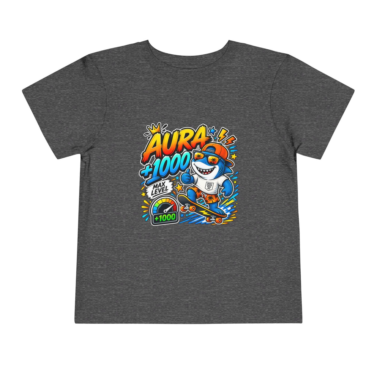 Toddler Tee — 'Aura +1000' Skateboard Shark Graphic Shirt - Front Patch Kids Co.