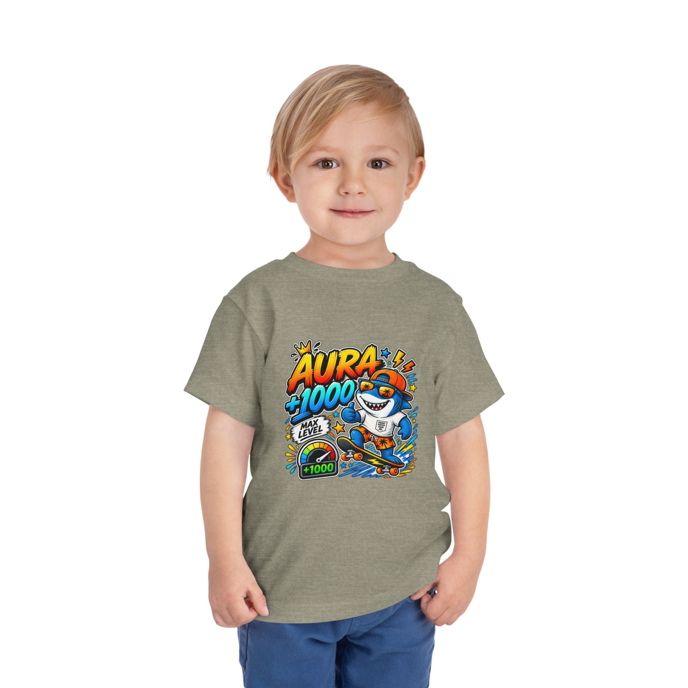 Toddler Tee — 'Aura +1000' Skateboard Shark Graphic Shirt - Front Patch Kids Co.