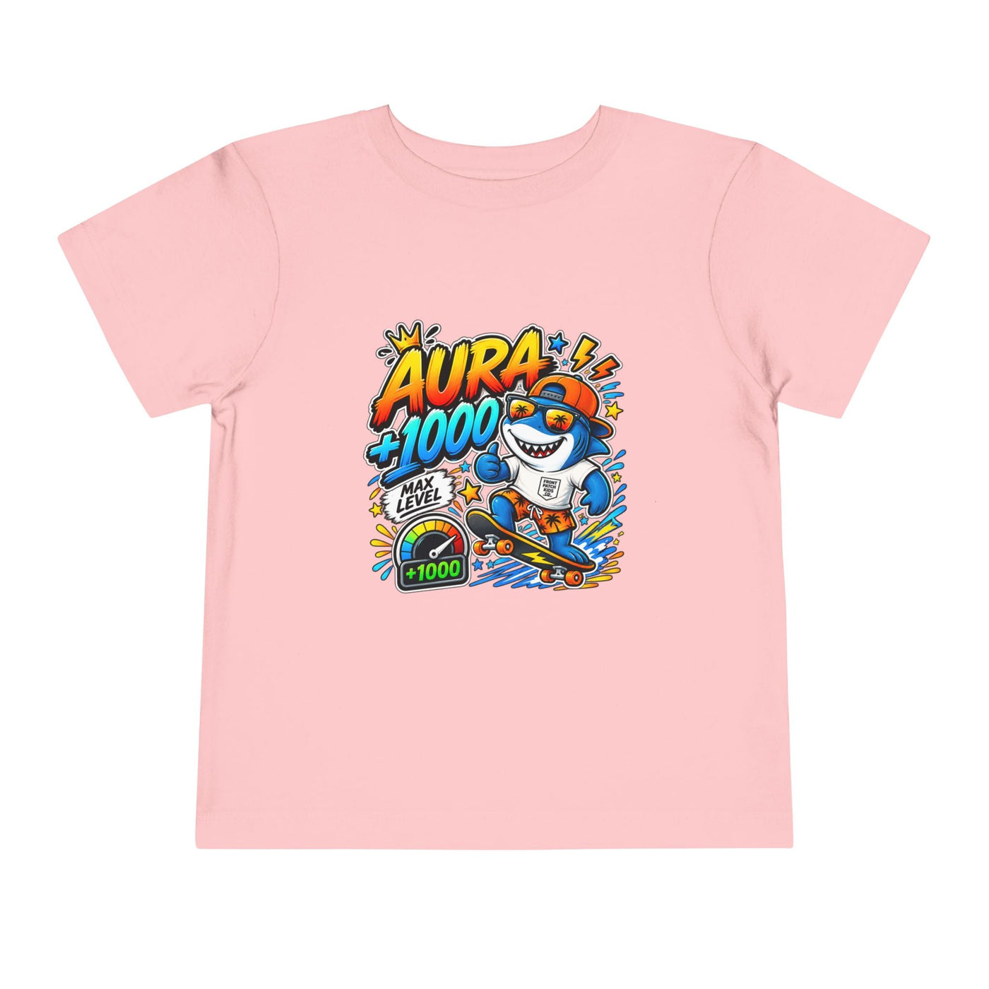 Toddler Tee — 'Aura +1000' Skateboard Shark Graphic Shirt - Front Patch Kids Co.