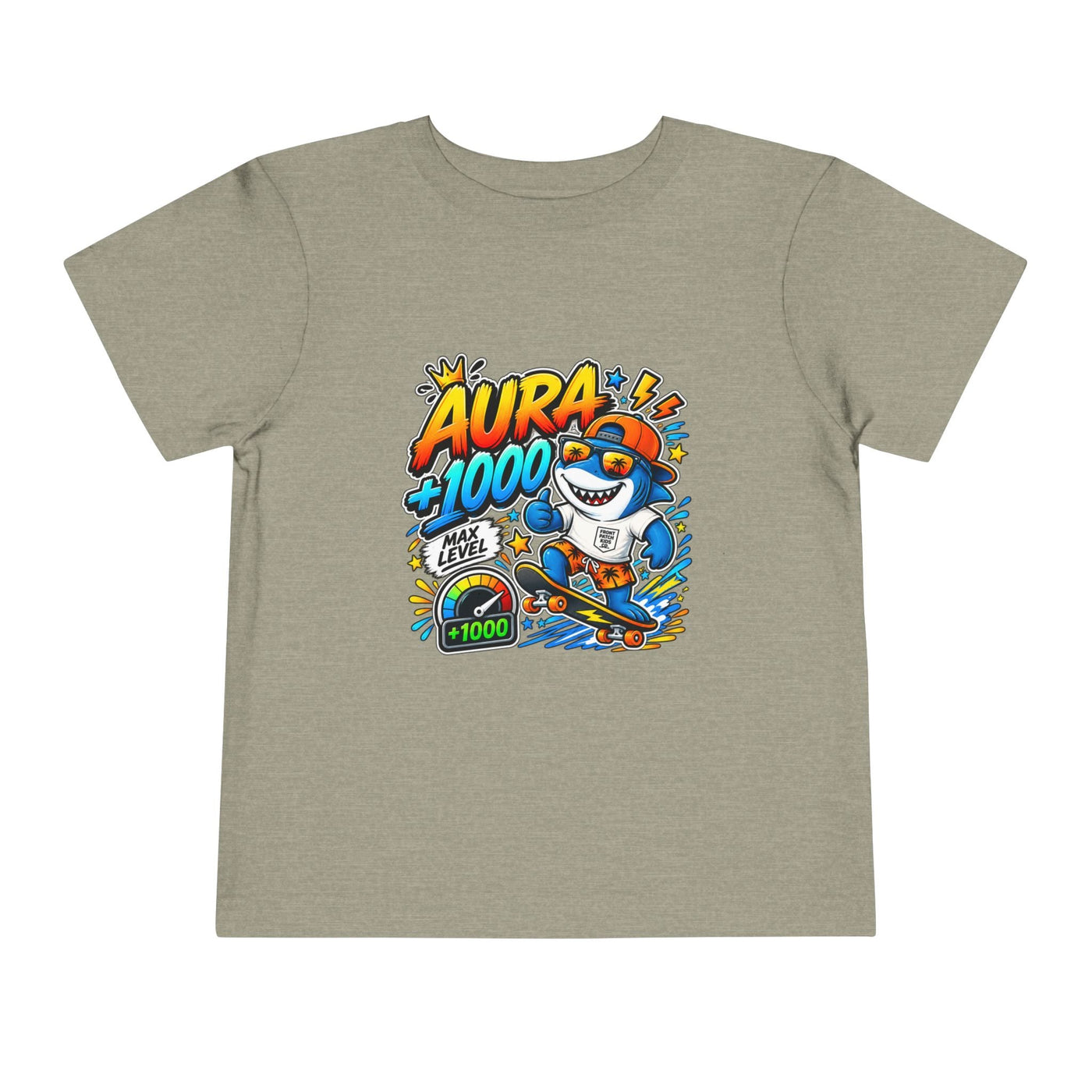 Toddler Tee — 'Aura +1000' Skateboard Shark Graphic Shirt - Front Patch Kids Co.