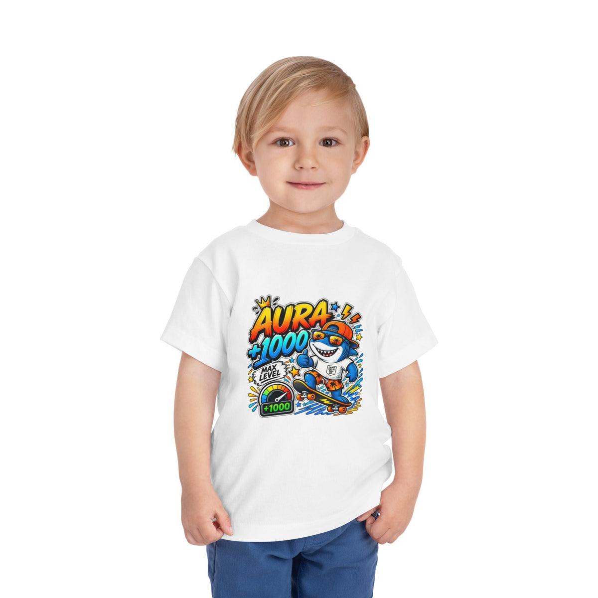 Toddler Tee — 'Aura +1000' Skateboard Shark Graphic Shirt - Front Patch Kids Co.