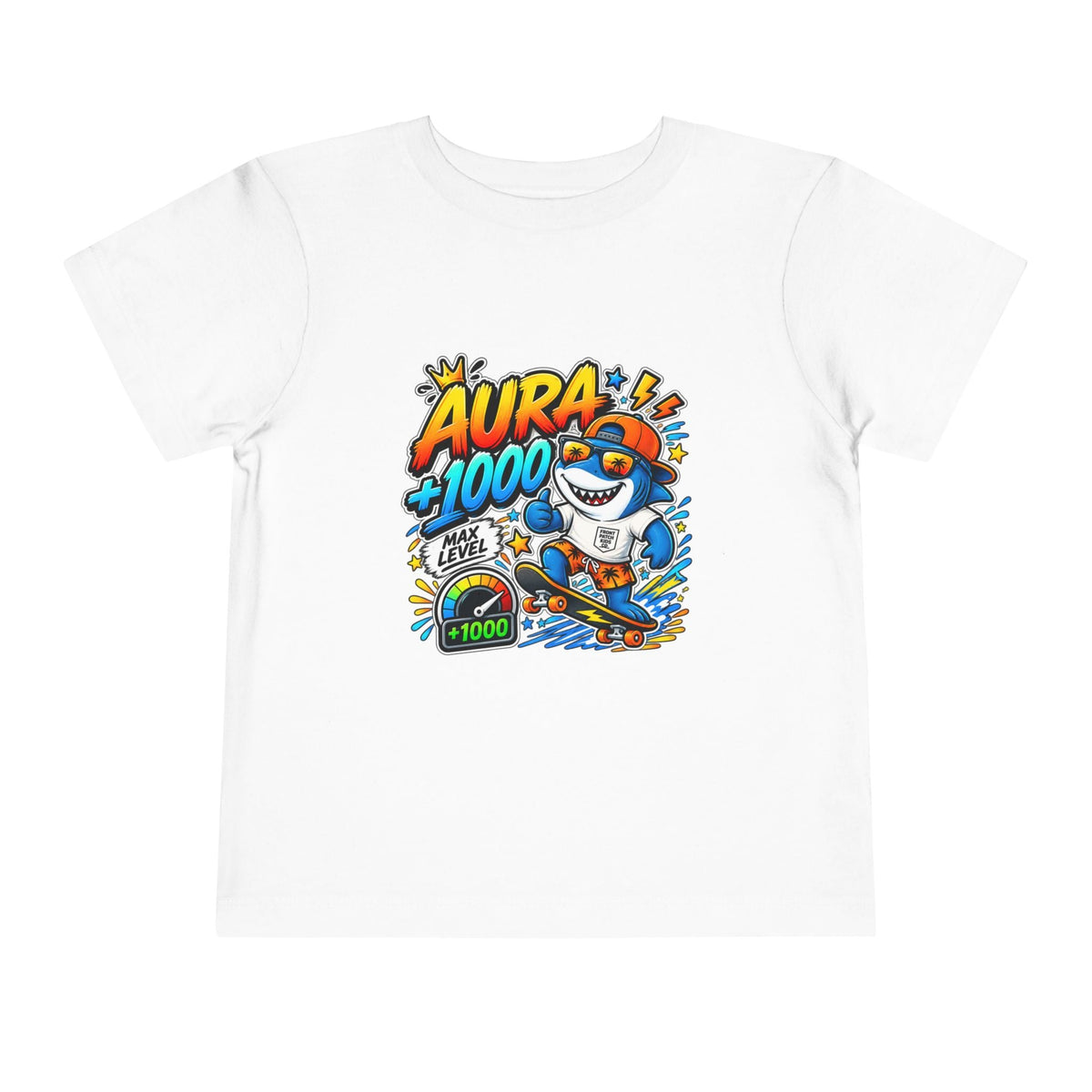 Toddler Tee — 'Aura +1000' Skateboard Shark Graphic Shirt - Front Patch Kids Co.