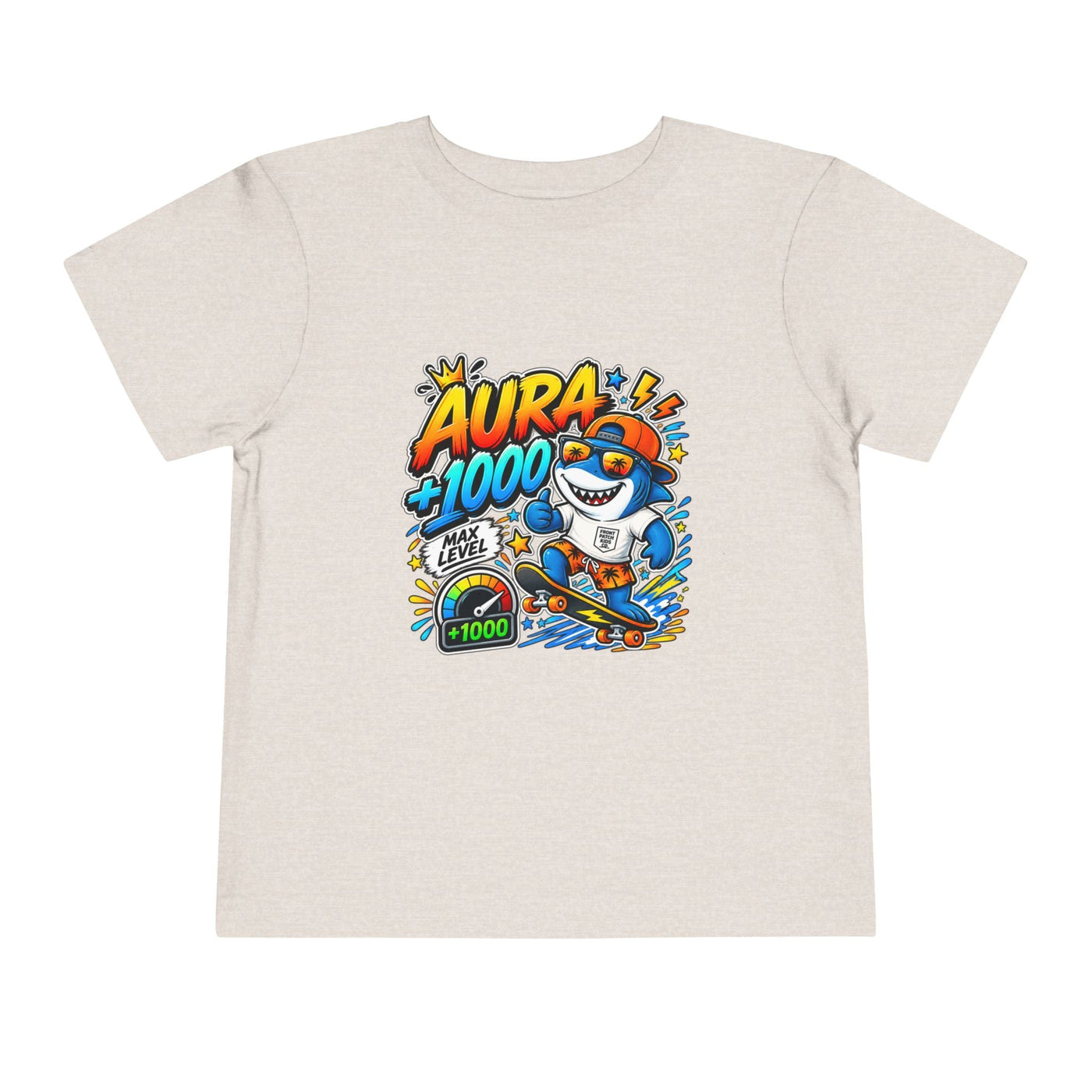 Toddler Tee — 'Aura +1000' Skateboard Shark Graphic Shirt - Front Patch Kids Co.
