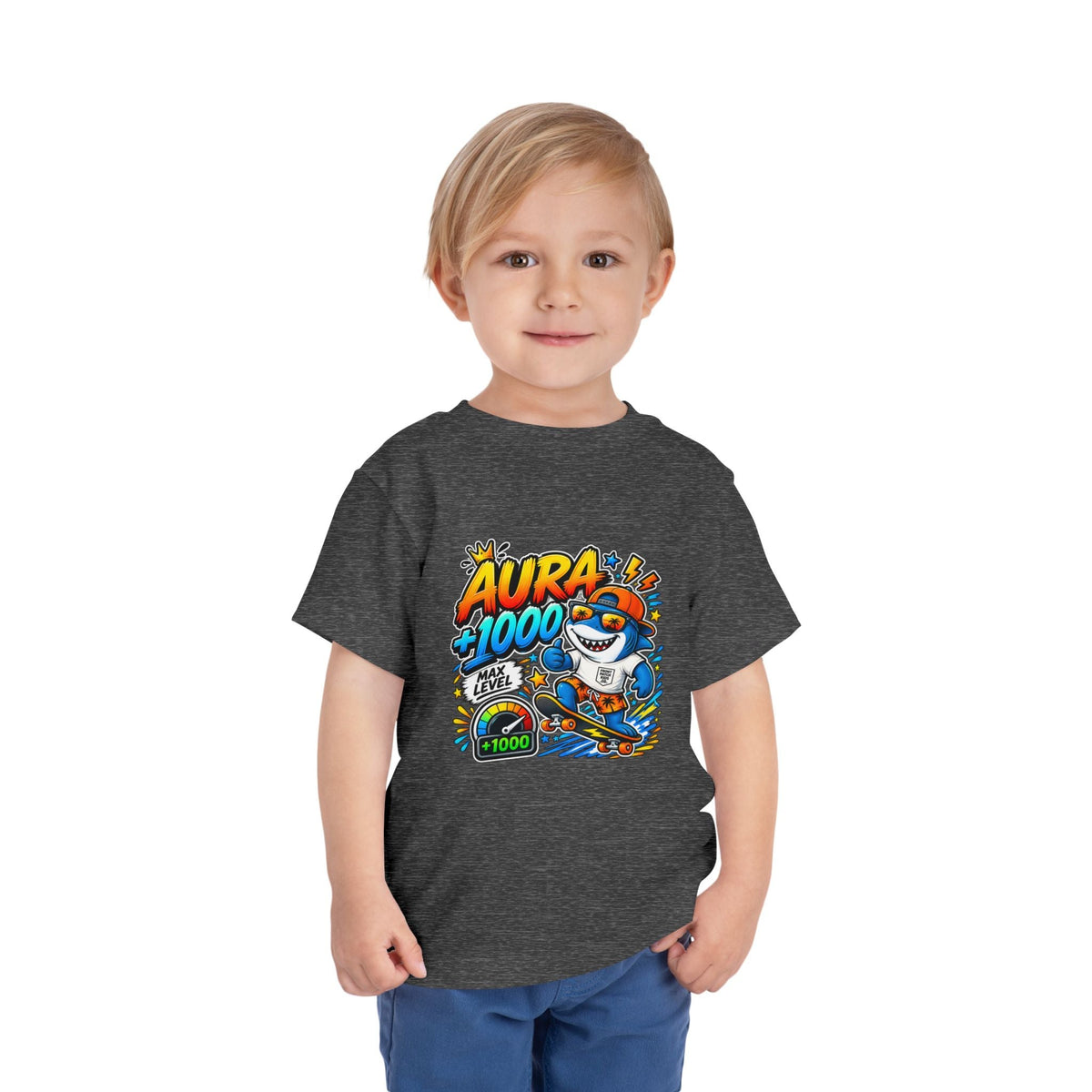 Toddler Tee — 'Aura +1000' Skateboard Shark Graphic Shirt - Front Patch Kids Co.