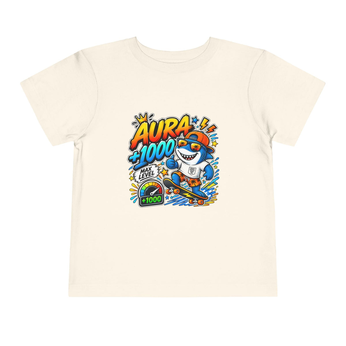 Toddler Tee — 'Aura +1000' Skateboard Shark Graphic Shirt - Front Patch Kids Co.