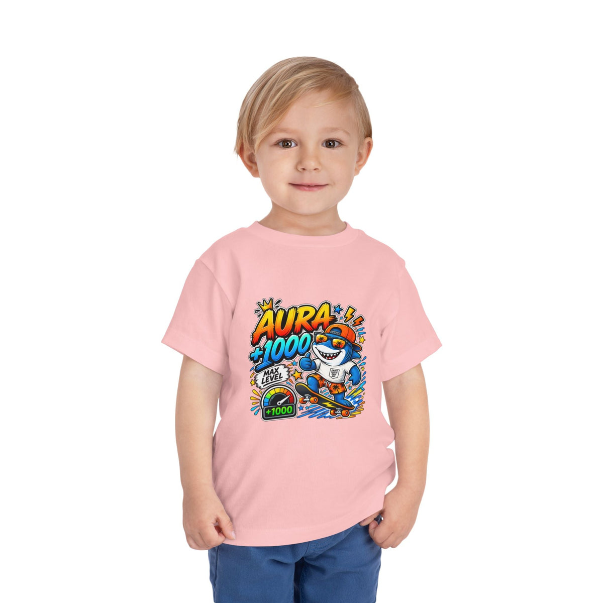 Toddler Tee — 'Aura +1000' Skateboard Shark Graphic Shirt - Front Patch Kids Co.
