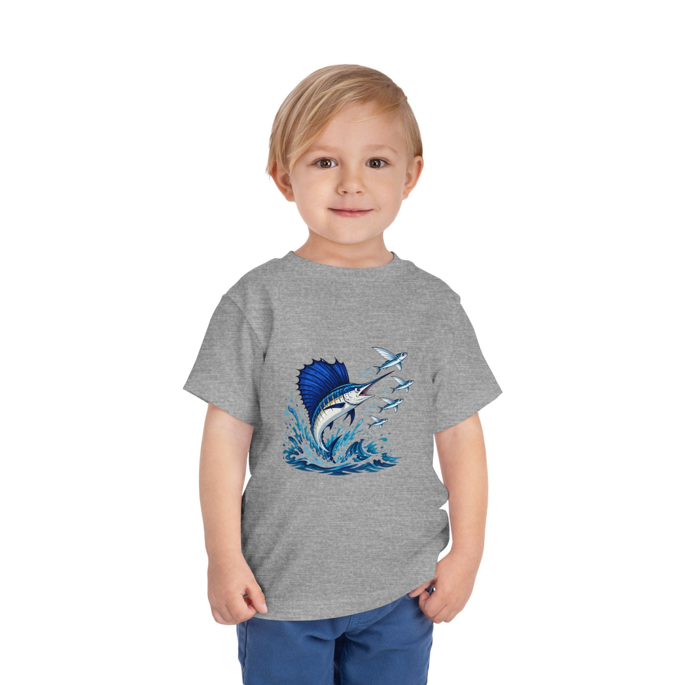 Toddler Tee — Blue Sailfish & Flying Fish Ocean Graphic - Front Patch Kids Co.