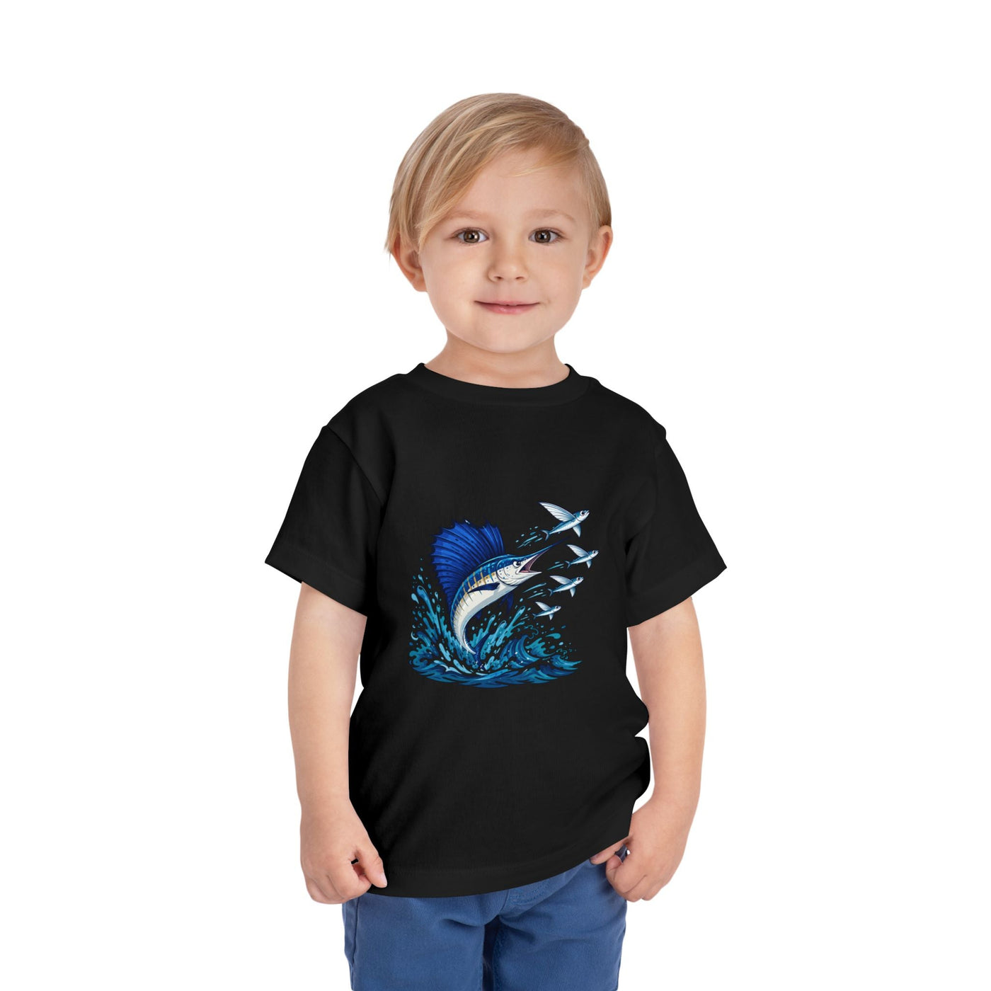 Toddler Tee — Blue Sailfish & Flying Fish Ocean Graphic - Front Patch Kids Co.