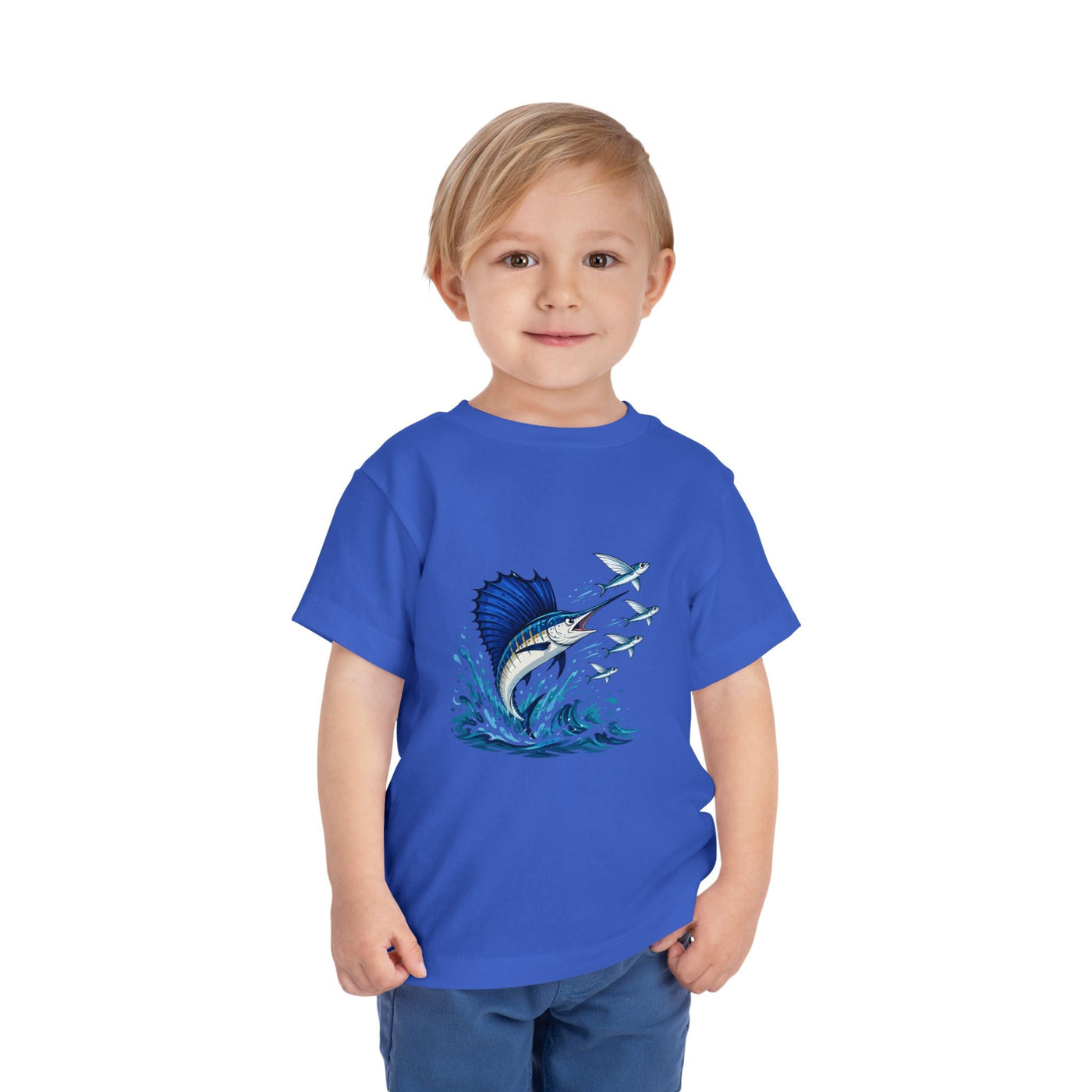 Toddler Tee — Blue Sailfish & Flying Fish Ocean Graphic - Front Patch Kids Co.
