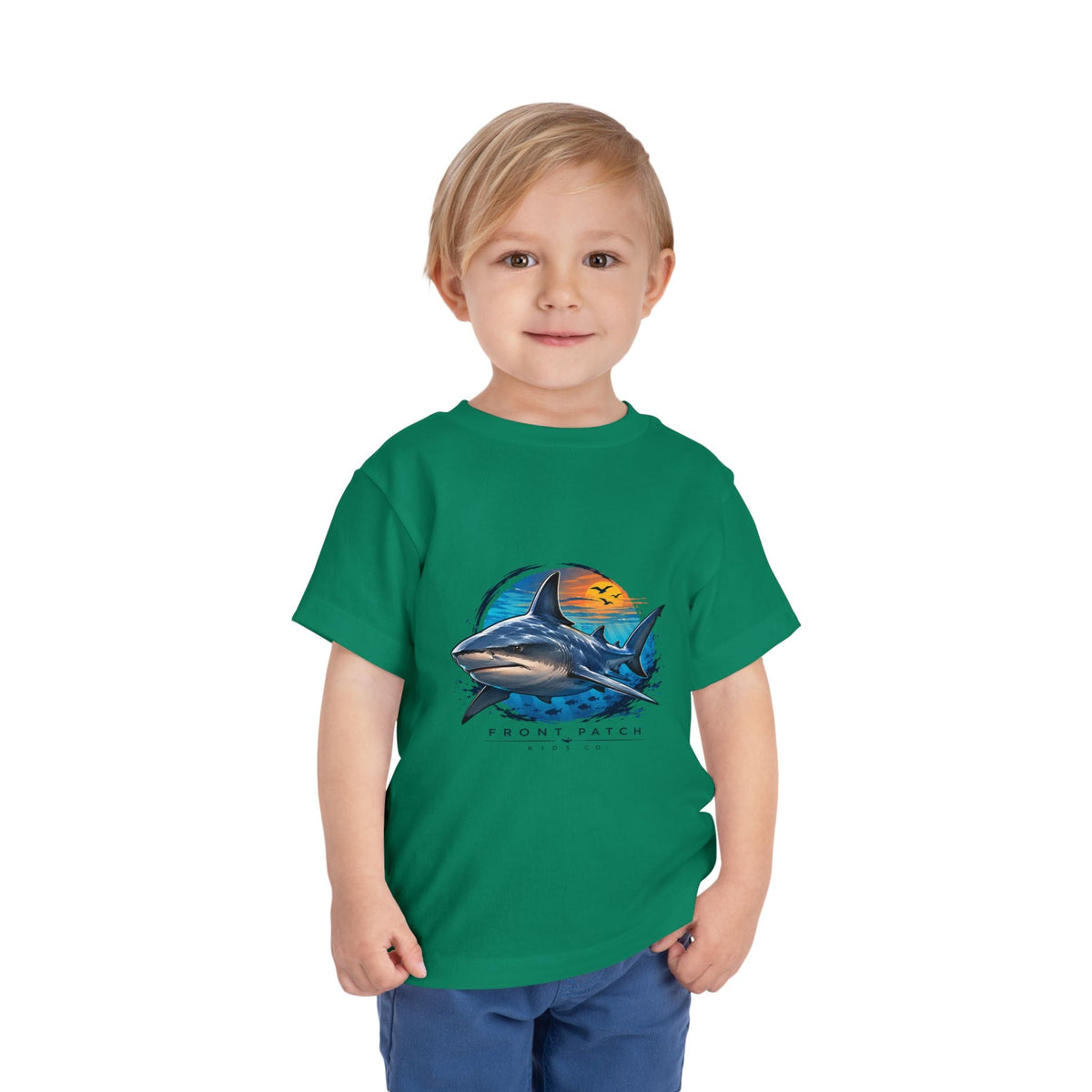 Toddler Tee — 'Front Patch' Surf Shark Graphic Sunset Kids Shirt - Front Patch Kids Co.