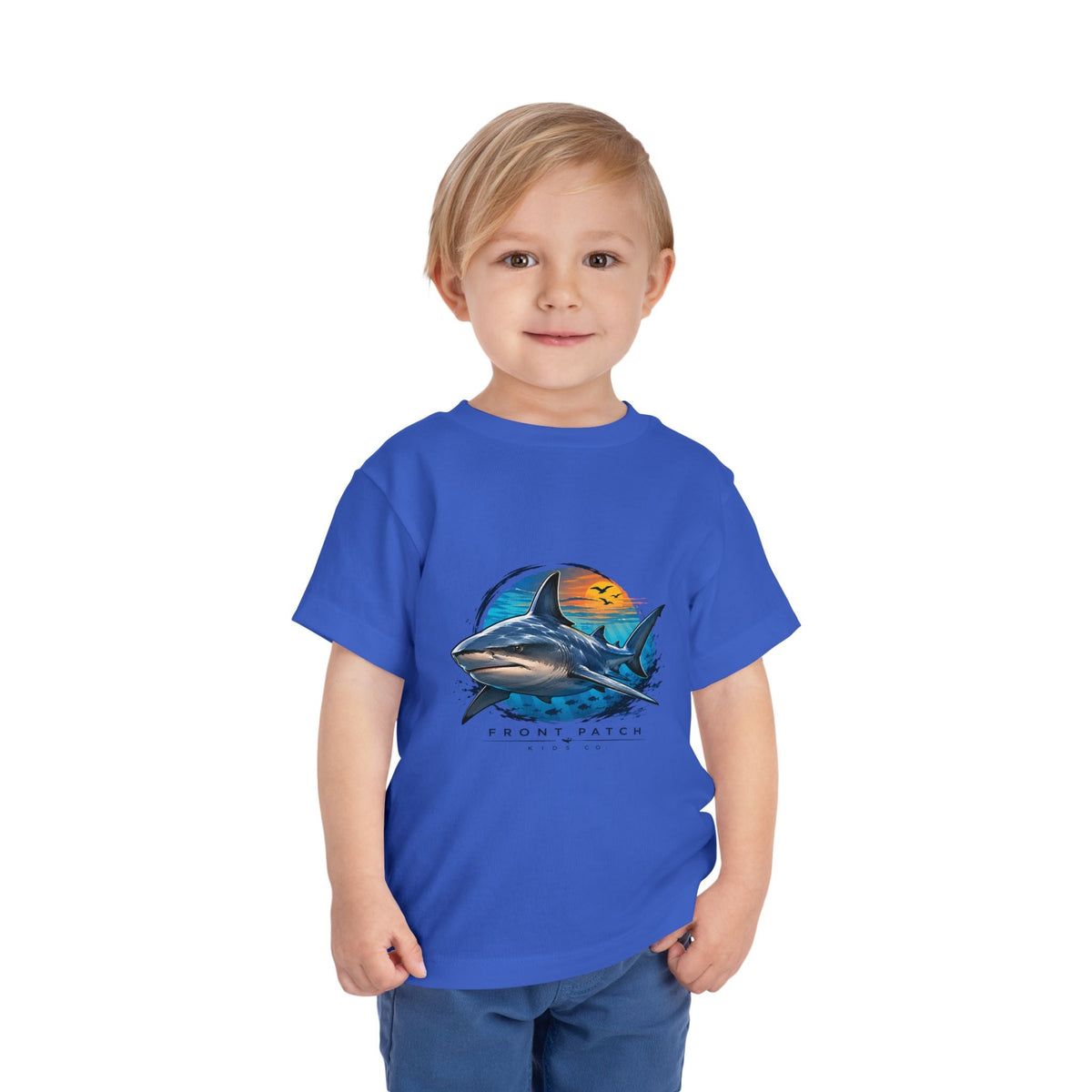 Toddler Tee — 'Front Patch' Surf Shark Graphic Sunset Kids Shirt - Front Patch Kids Co.