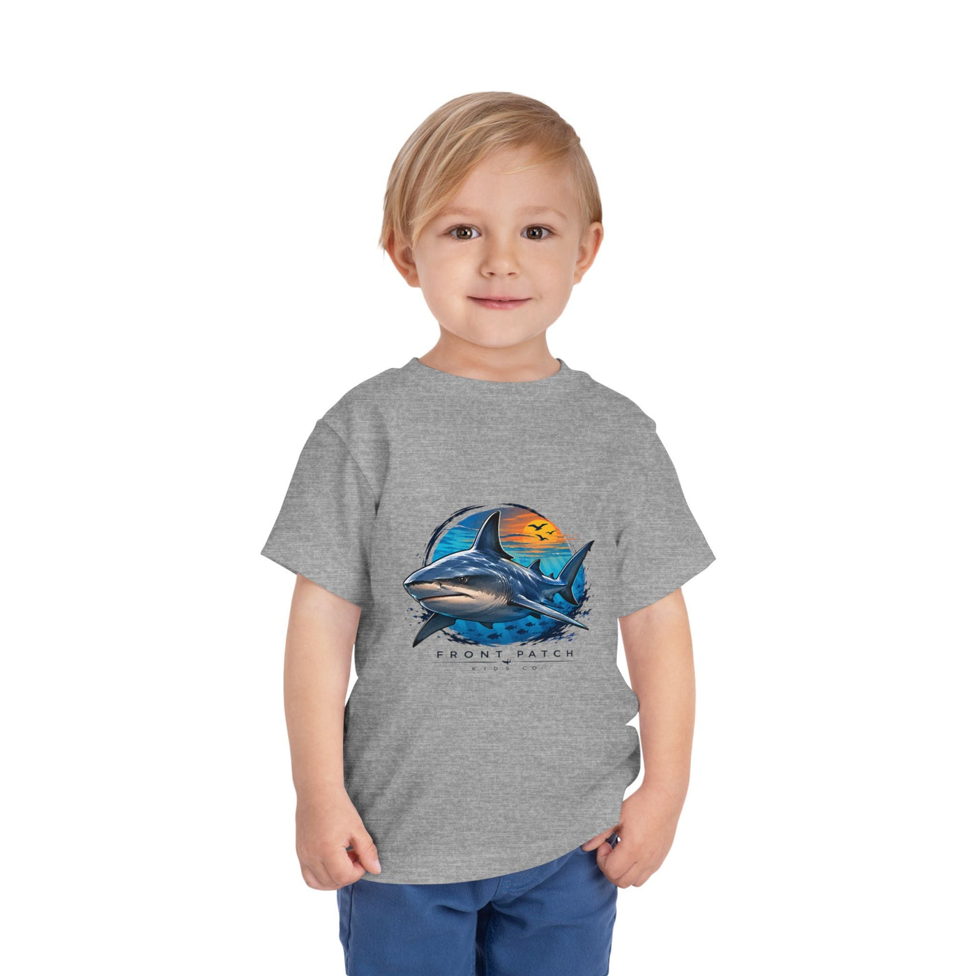 Toddler Tee — 'Front Patch' Surf Shark Graphic Sunset Kids Shirt - Front Patch Kids Co.